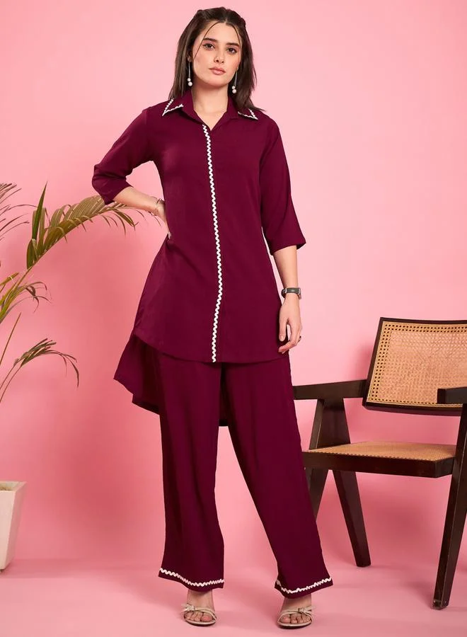 WineRed طقم تونيك بتفاصيل دانتيل مع بنطال